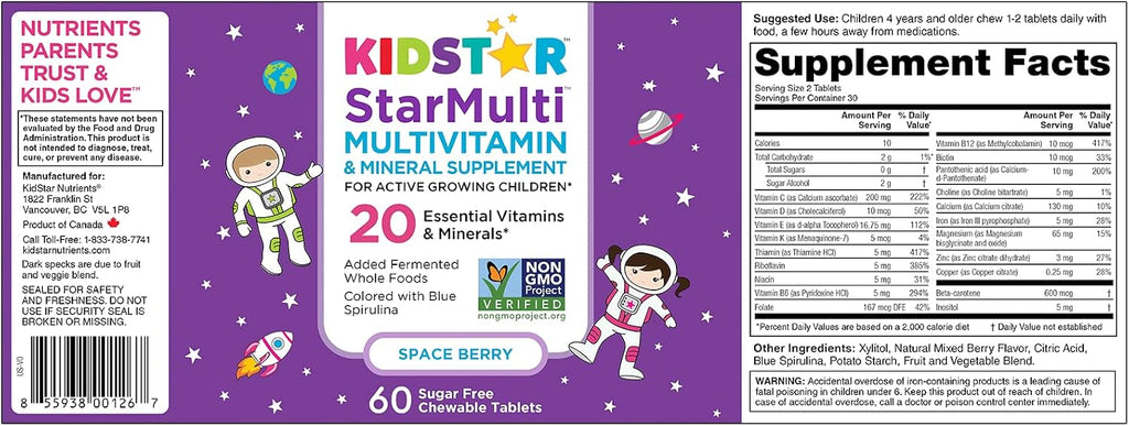 KidStar Nutrients StarMulti, Multivitamínico y Multimineral Masticable para Niños, con Alimentos Integrales Fermentados Orgánicos, Vegano, Sin Azúcar, Sabor Space Berry, 60 Comprimidos Masticables