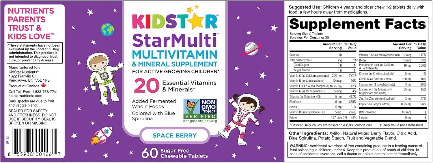 KidStar Nutrients StarMulti, Multivitamínico y Multimineral Masticable para Niños, con Alimentos Integrales Fermentados Orgánicos, Vegano, Sin Azúcar, Sabor Space Berry, 60 Comprimidos Masticables