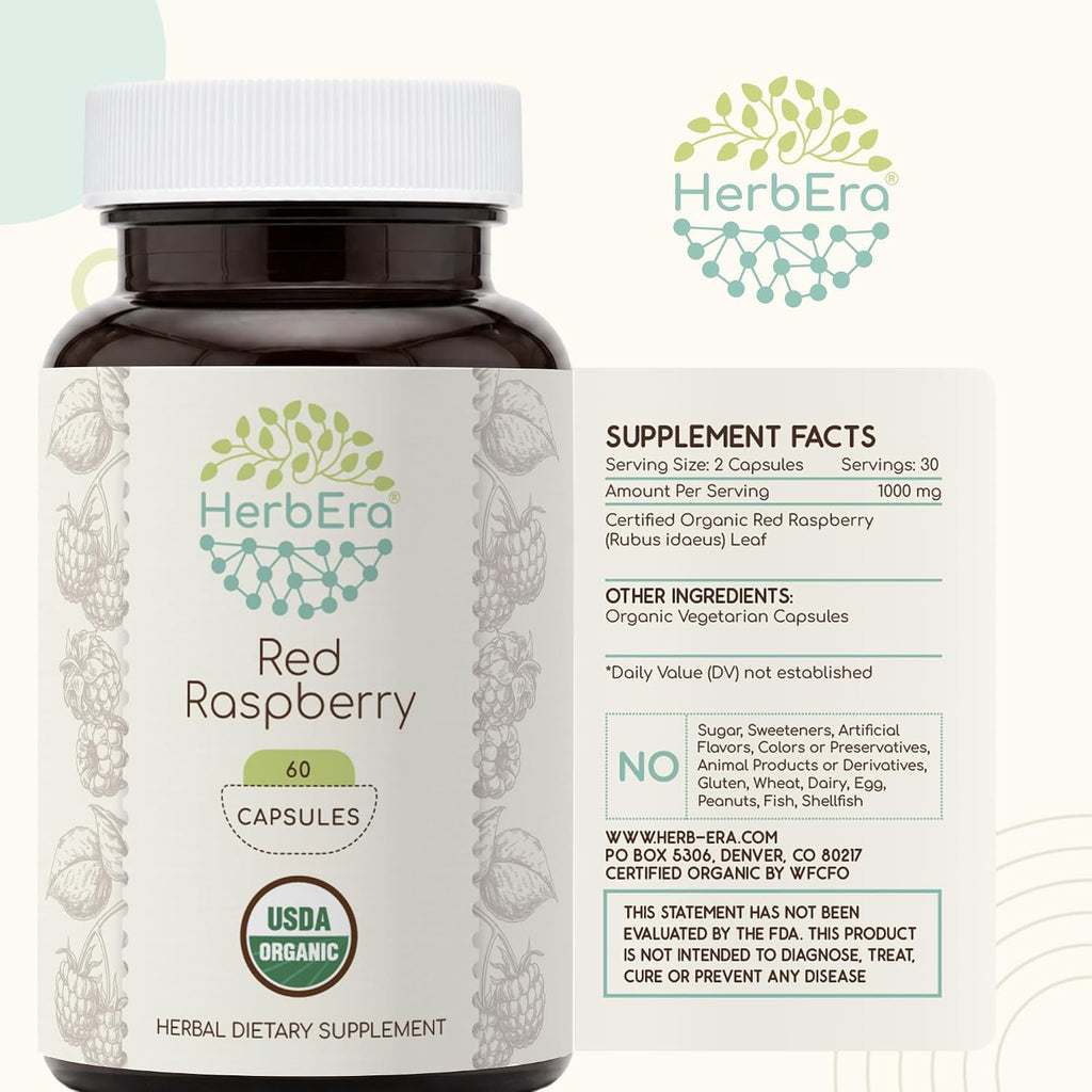 HerbEra Hojas de Frambuesa Roja Orgánicas – Bienestar Femenino, Rubus Idaeus, 60 Cápsulas Veganas