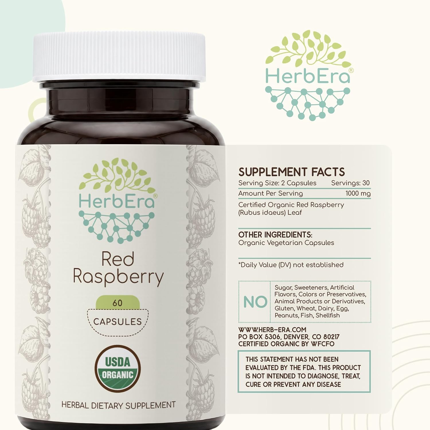 HerbEra Hojas de Frambuesa Roja Orgánicas – Bienestar Femenino, Rubus Idaeus, 60 Cápsulas Veganas