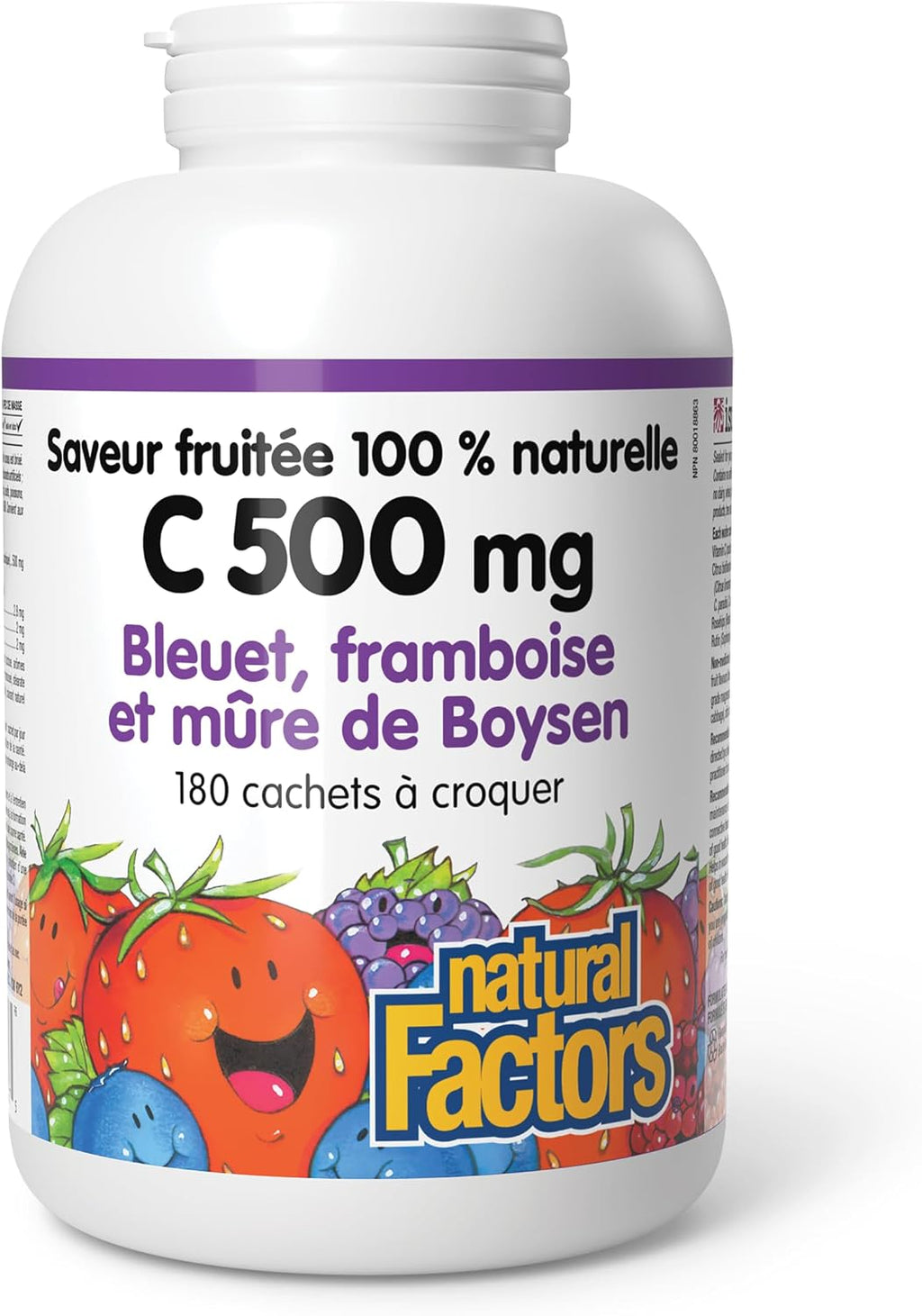 Natural Factors, Vitamina C Masticable para Niños 500 mg, Arándano, Frambuesa y Mora, 180 Comprimidos