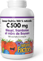 Natural Factors, Vitamina C Masticable para Niños 500 mg, Arándano, Frambuesa y Mora, 180 Comprimidos