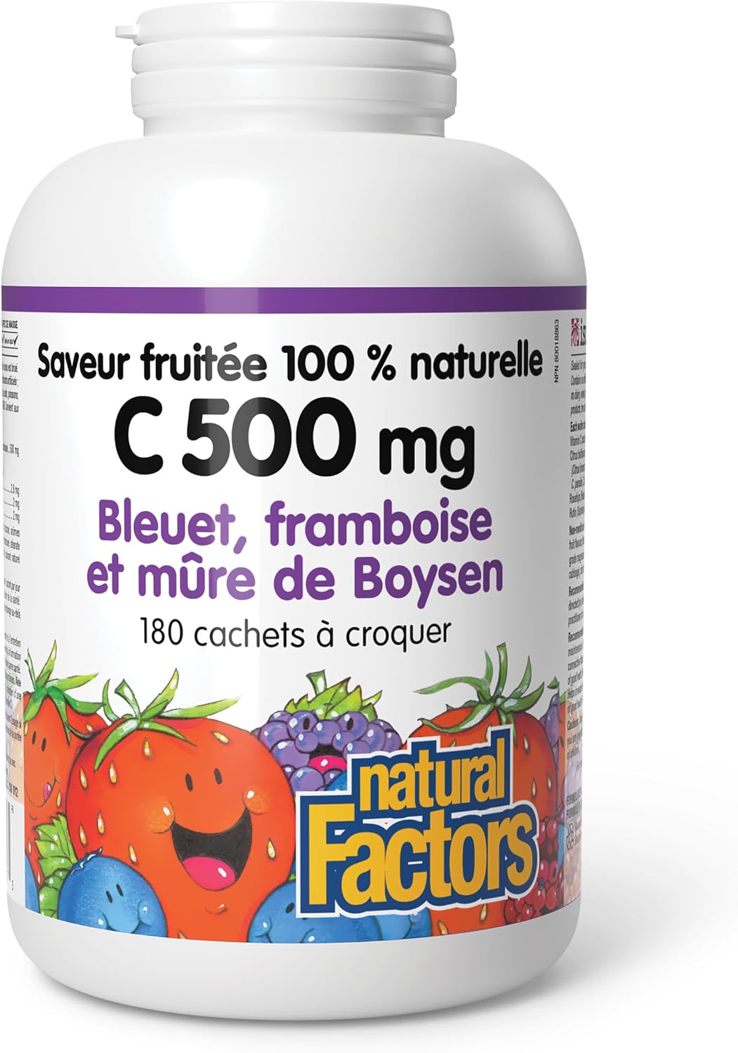 Natural Factors, Vitamina C Masticable para Niños 500 mg, Arándano, Frambuesa y Mora, 180 Comprimidos