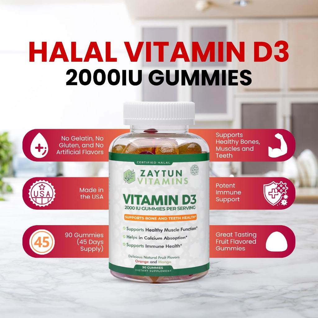 Zaytun Halal Gominolas de Vitamina D3 2000 UI - Apoyo Óseo e Inmune, Sin Gluten, 3 Envases