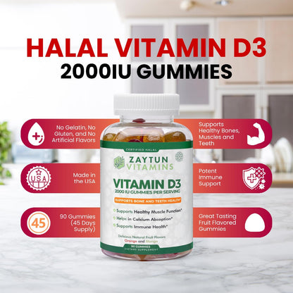 Zaytun Halal Gominolas de Vitamina D3 2000 UI - Apoyo Óseo e Inmune, Sin Gluten, 3 Envases – Image 4