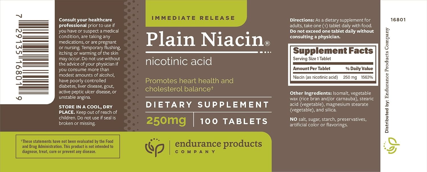 ENDUR Niacina simple (Ácido Nicotínico) 250 mg, 100 comprimidos de liberación inmediata