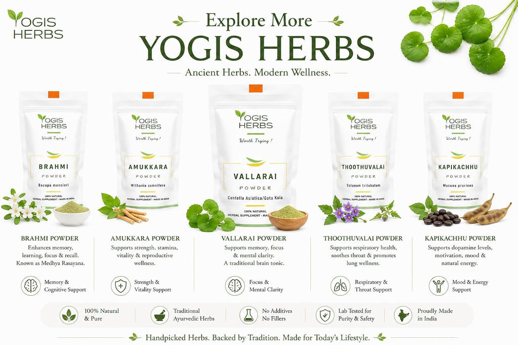 YOGIS HERBS Vallarai en polvo - Centella Asiatica (Gotu Kola) - Tradición Ayurvédica