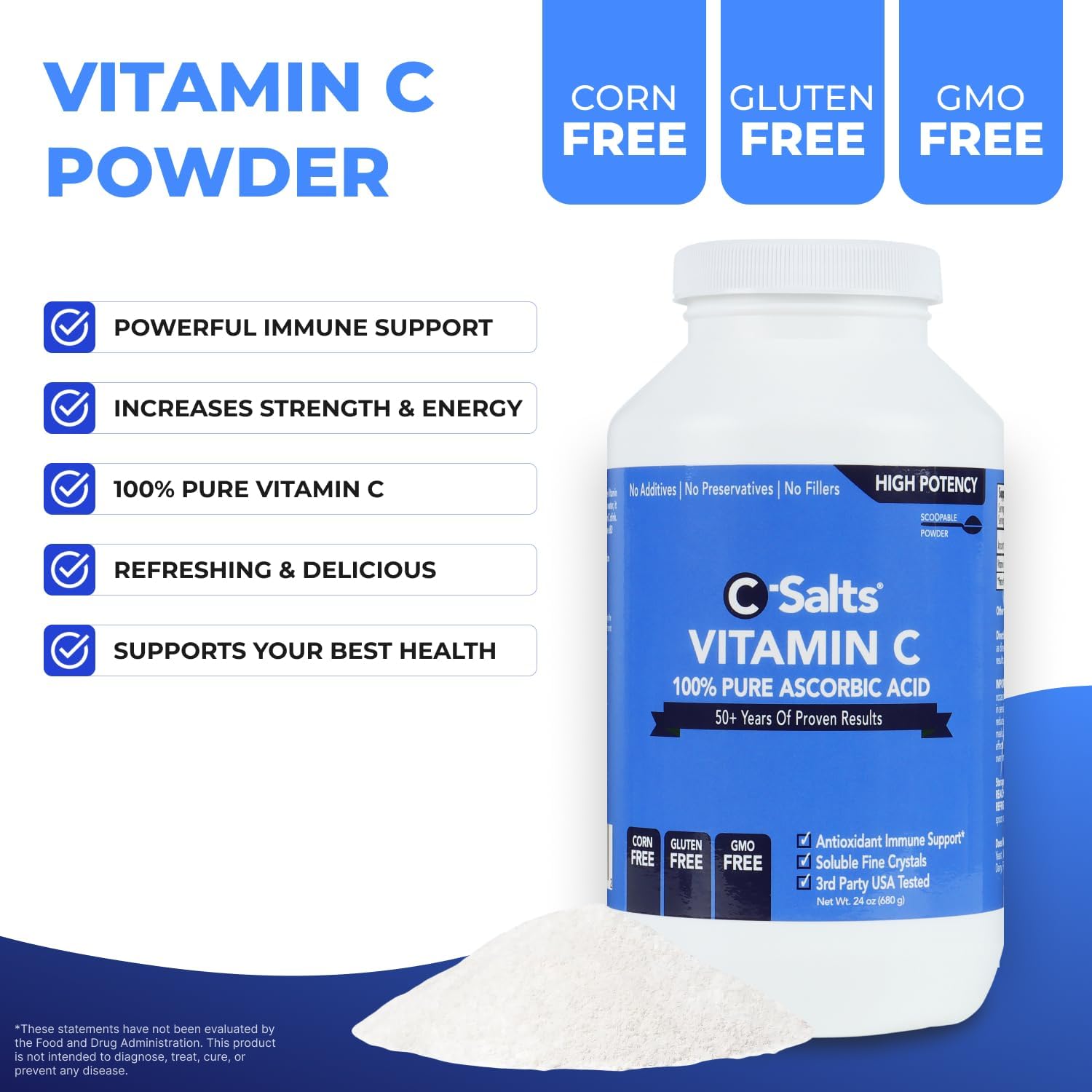 C-Salts Ácido Ascórbico en Polvo Puro - 1000 mg por Dosis - 680 Servicios - 680 g
