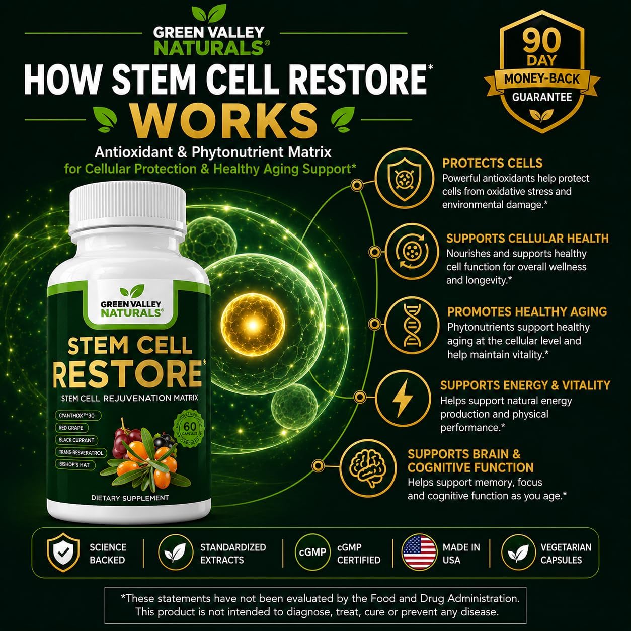 Stem Cell Restore | Complejo Antioxidante Celular con CyanthOx™ 30, Espino Amarillo, Semilla de Uva y Resveratrol | 60 Cápsulas Vegetarianas