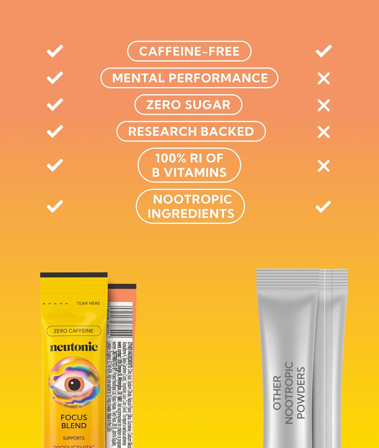 Neutonic Mezcla Nootrópica en Polvo Sabor Peach Mango | 16 Sticks | Sin Cafeína, Sin Azúcar | Apoyo a la Memoria, Concentración y Función Cognitiva