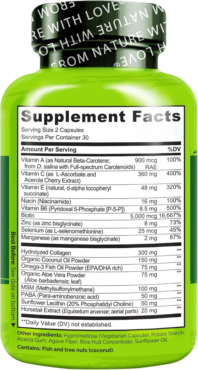 NATURELO Vitaminas para Cabello, Piel y Uñas - 5000 mcg Biotina, Colágeno, Vitamina E - 60 Cápsulas