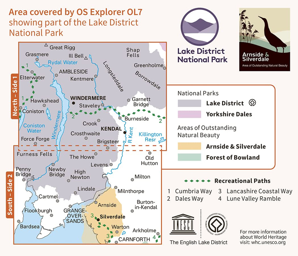 Mapa de exploración OS del Distrito de los Lagos OL7 La zona sureste de los Lagos ingleses: Windermere, Kendal y Silverdale