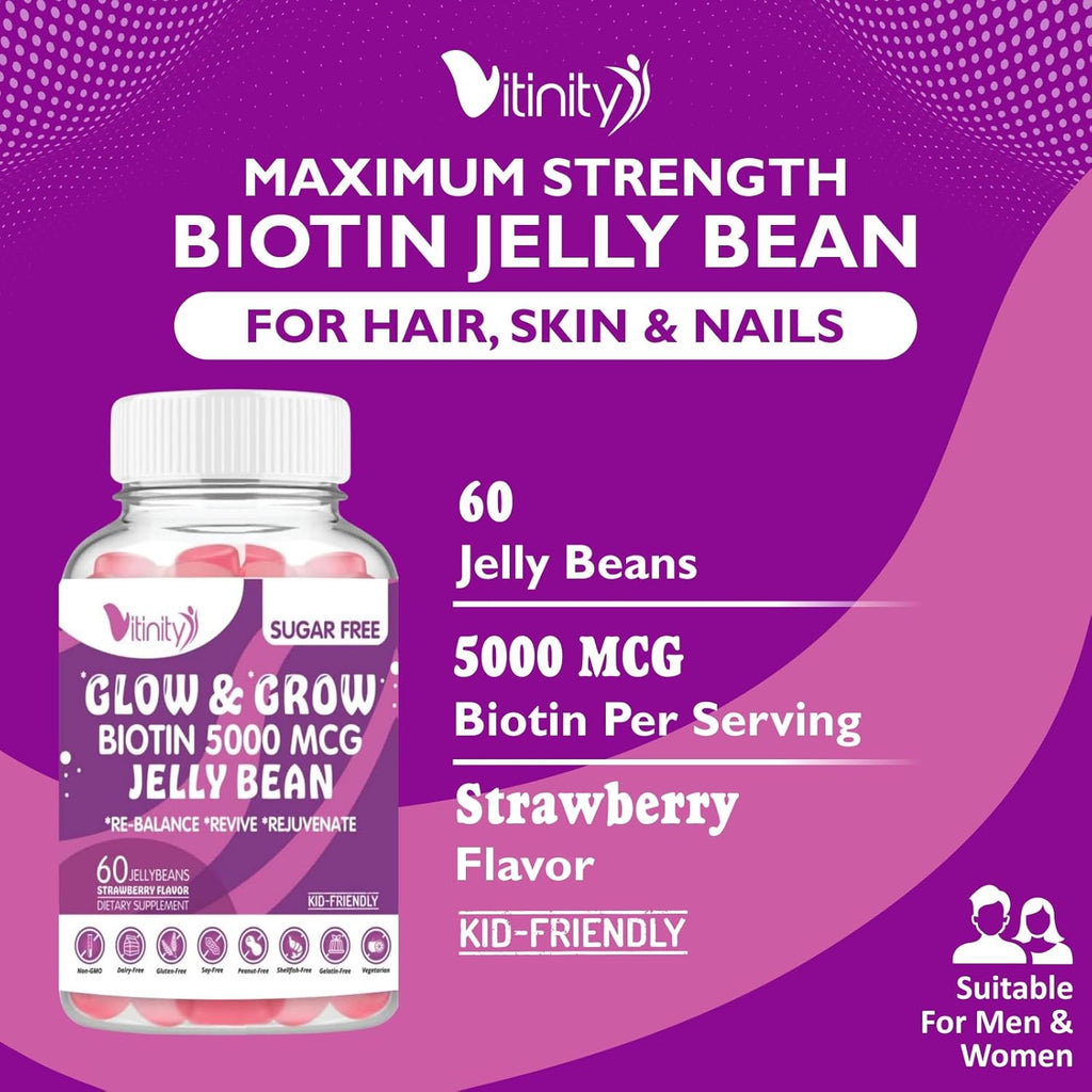 VITINITY Biotin 5000 mcg Extra Strength - Gominolas sin azúcar - 60 unidades (30 días)