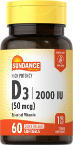 Sundance Vitamina D3 2000 UI | 60 Cápsulas Blandas de Liberación Rápida | Alta Potencia | Suplemento Sin OMG y Sin Gluten