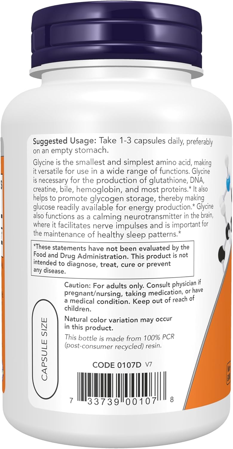 NOW Foods Glycine 1,000 mg Free-Form, 100 Cápsulas Vegetales