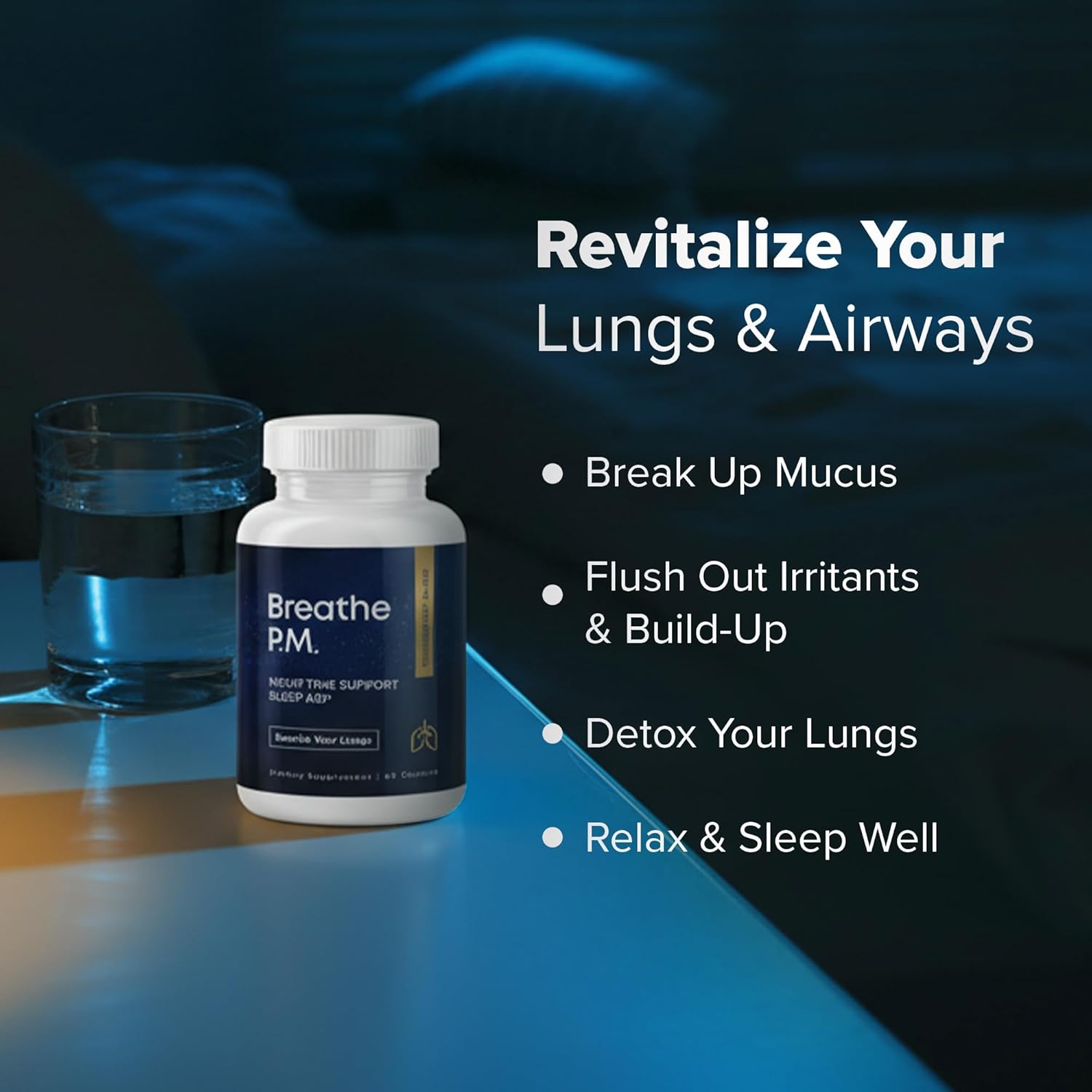 BREATHE PM, Cápsulas Nocturnas 6 en 1 con Mullein para la Salud Pulmonar (60 Cápsulas - 30 Días)