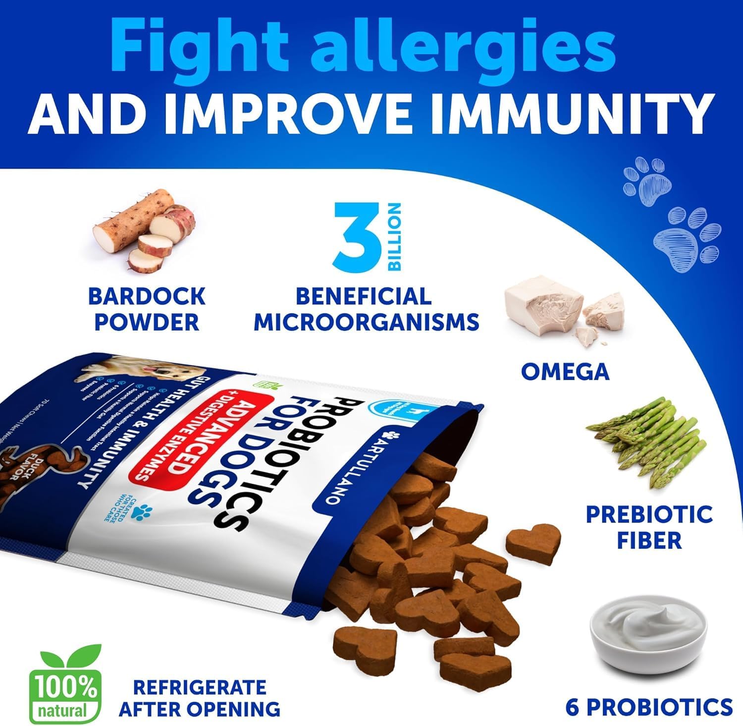 Probióticos para Perros - Apoya la Salud Digestiva, Piel con Picor, Alergias, Inmunidad, Equilibrio de Levaduras - Probióticos para Perros y Enzimas Digestivas con Prebióticos - Reduce Diarrea, Gases - 70 Masticables Probióticos para Perros