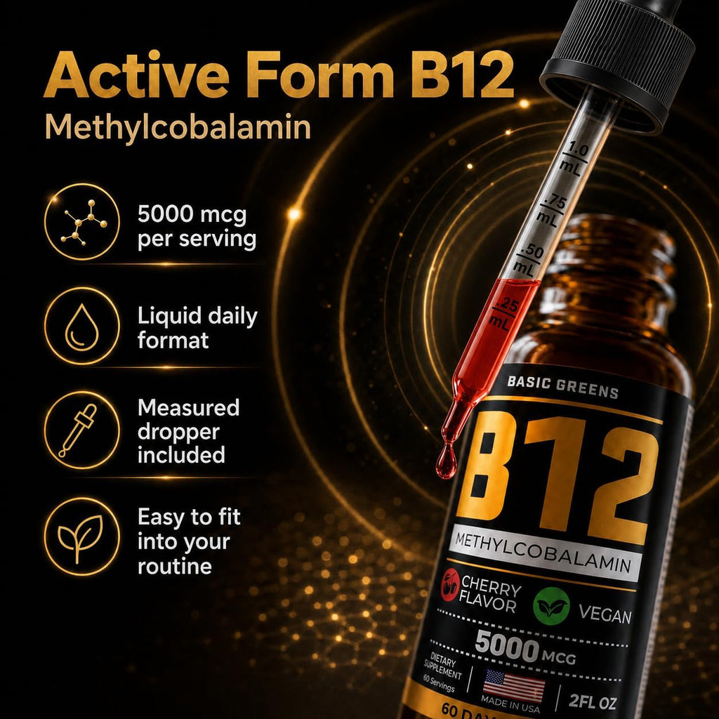 Vitamina B12 Líquida 5000 mcg, Gotas Sublinguales de Metilcobalamina, Sabor a Cereza, Vegano, 60 dosis, 60 ml