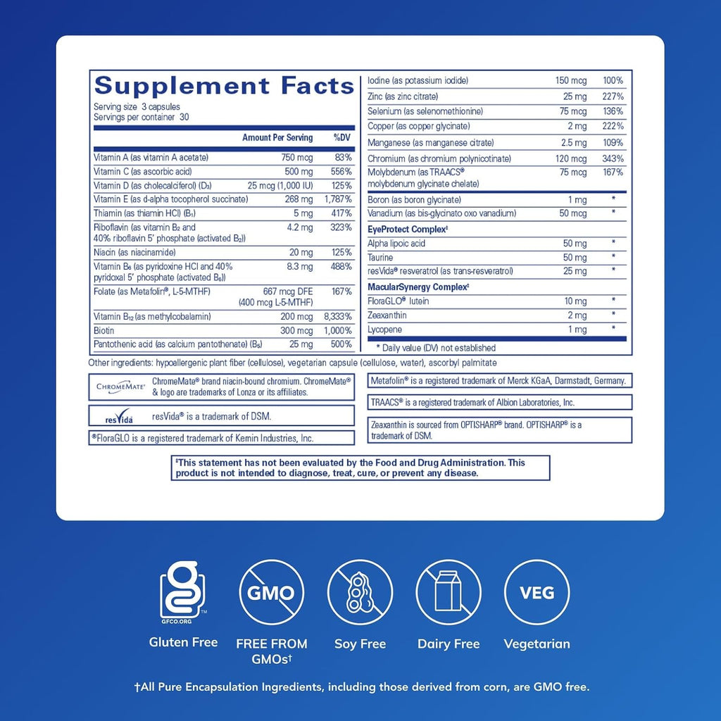 Pure Encapsulations VisionPro Nutrients | Complejo multivitamínico y mineral hipoalergénico para la visión | 90 cápsulas
