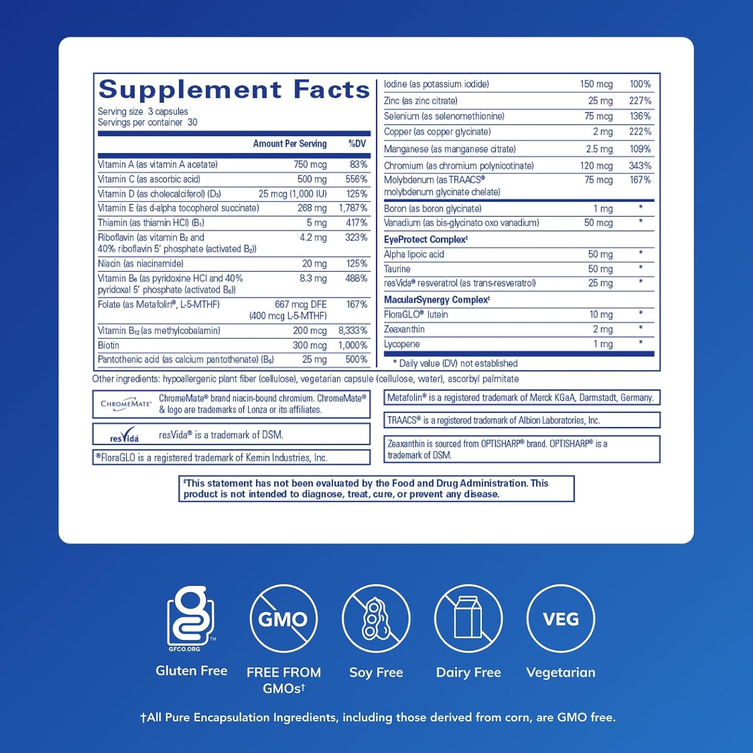 Pure Encapsulations VisionPro Nutrients | Complejo multivitamínico y mineral hipoalergénico para la visión | 90 cápsulas