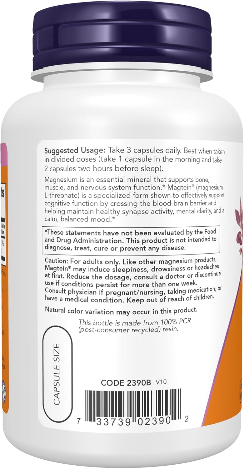 NOW Foods Magtein™, L-Treonato de Magnesio, 90 Cápsulas Vegetales