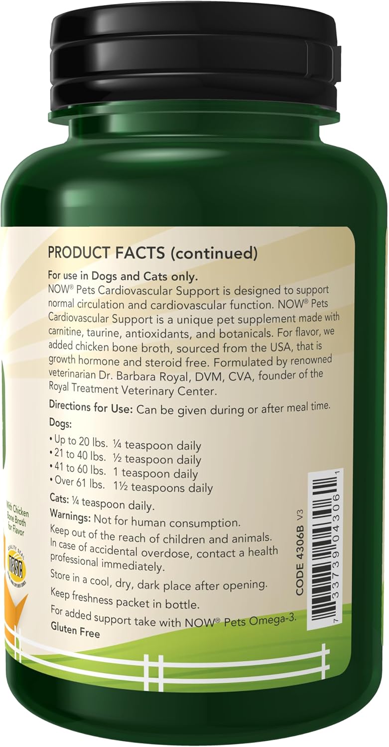 NOW Pet Health, Complemento de Apoyo Cardiovascular, Formulado para Gatos y Perros, Certificado NASC, Polvo, 127 g