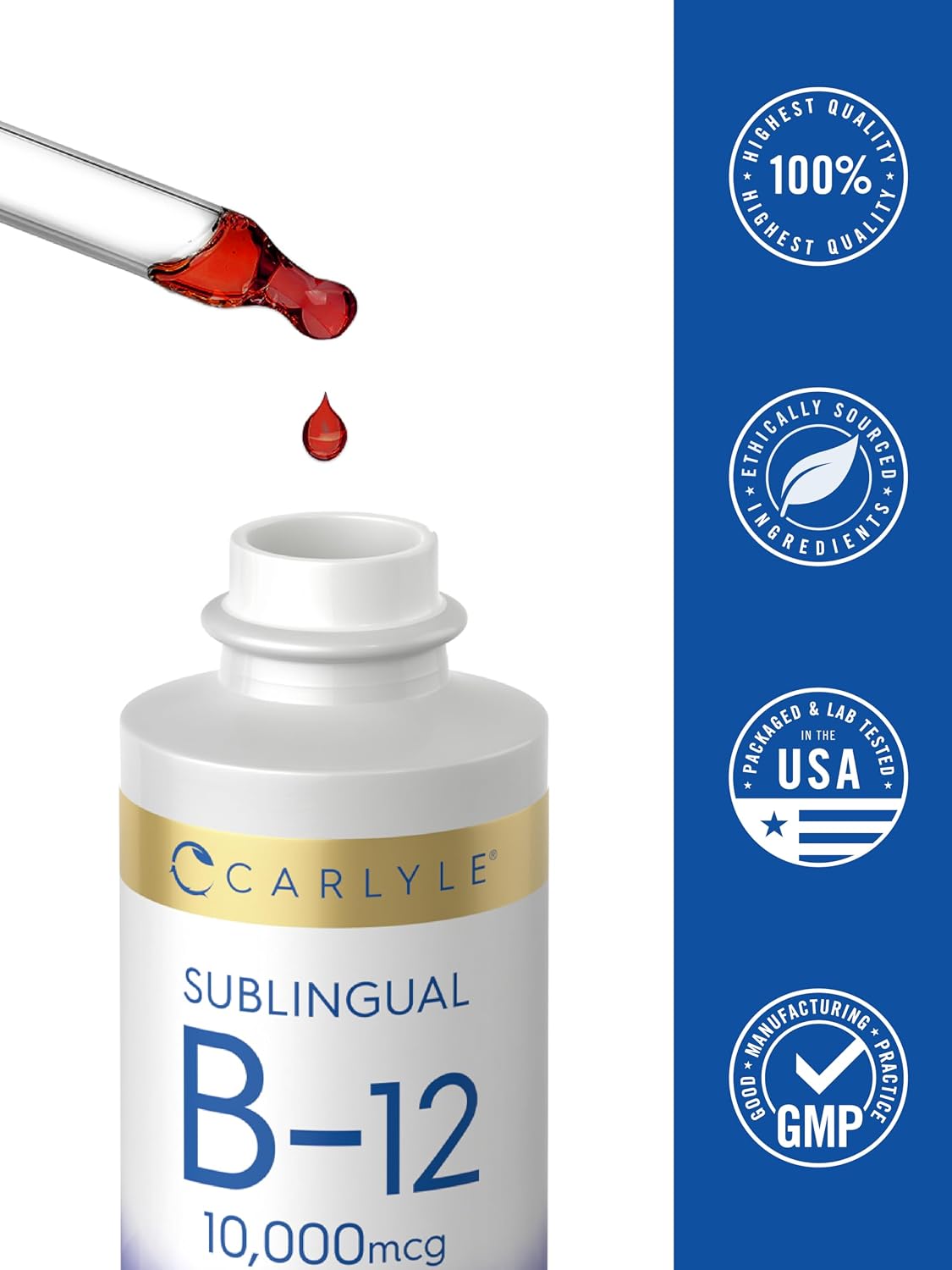 Carlyle Vitamina B12 Sublingual Líquida – 10.000 mcg – 60 ml – Cianocobalamina y Metilcobalamina – Sin Gluten y No-GMO