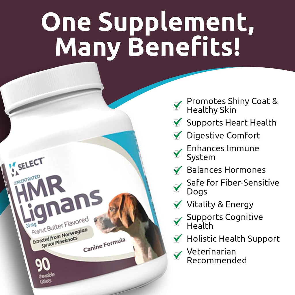 K9 Select HMR Lignans para Perros - 90 Comprimidos, 20mg - Extracto de Abeto Noruego - Sabor Mantequilla de Maní
