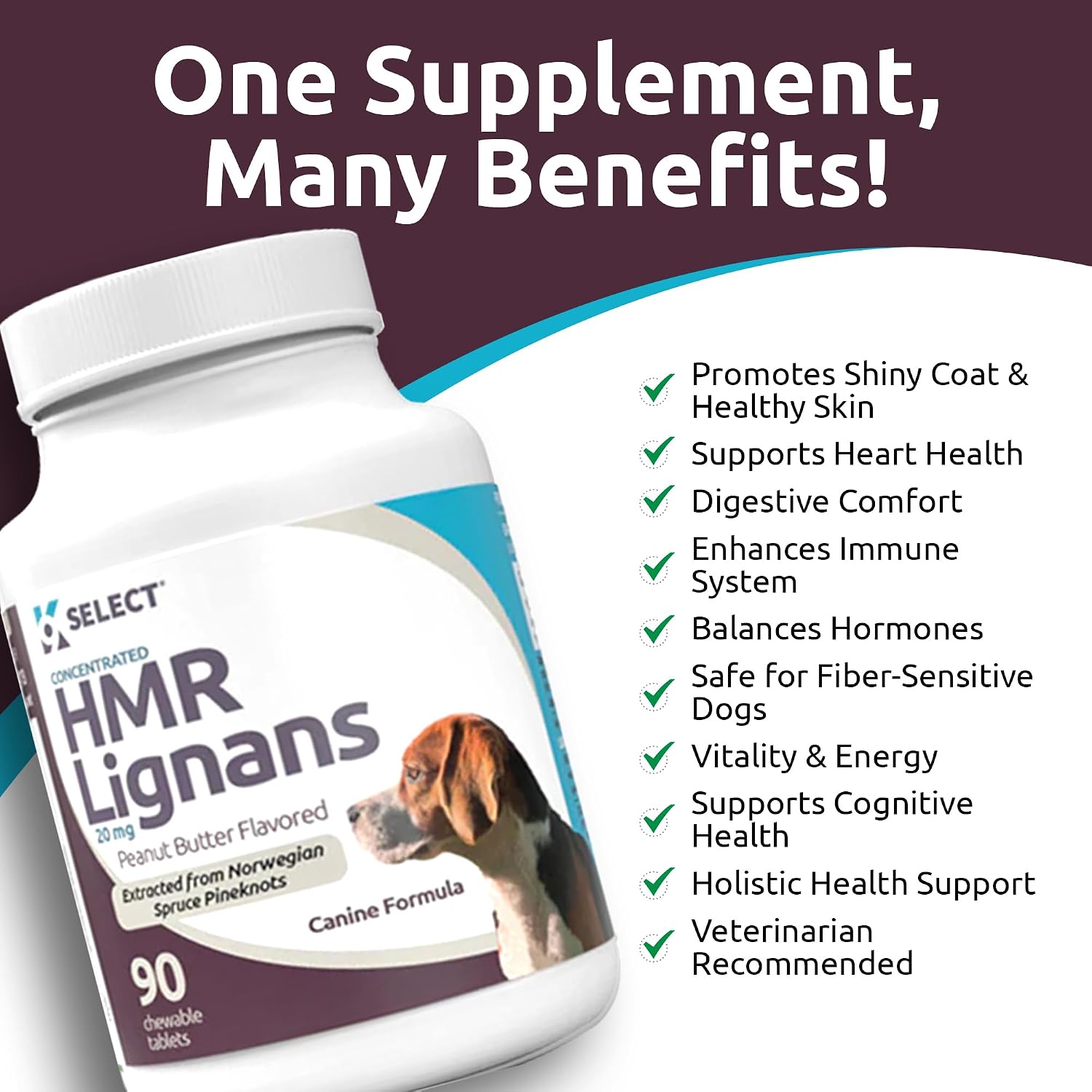 K9 Select HMR Lignans para Perros - 90 Comprimidos, 20mg - Extracto de Abeto Noruego - Sabor Mantequilla de Maní