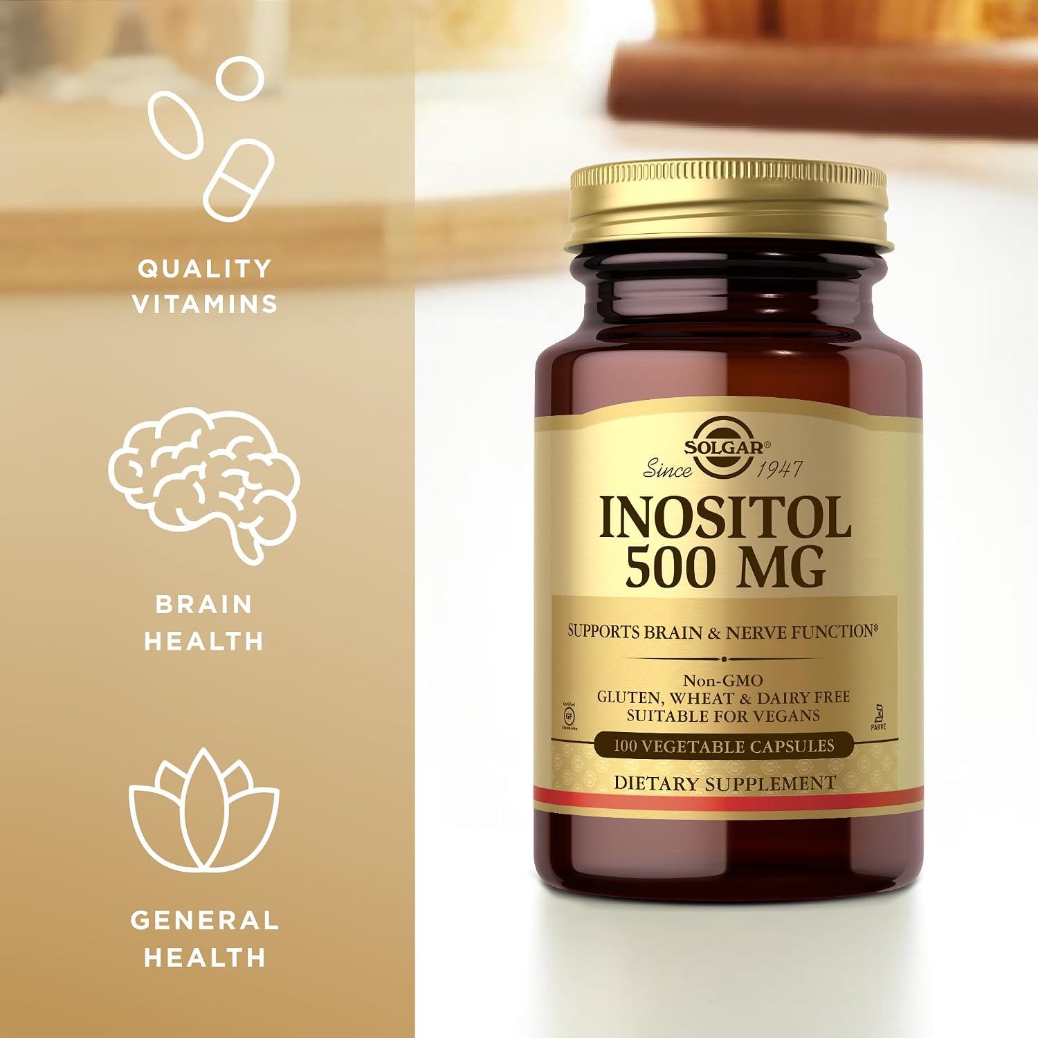 Solgar Inositol 500 mg - 100 Cápsulas Vegetales - Apoyo Celular y Salud Cerebral - Vegano, Sin Gluten, Sin Lácteos, Kosher