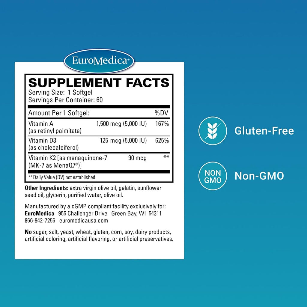 EuroMedica A•D•K2 Cardio Health – Suplemento Cardiovascular con Vitaminas A, D3 y K2 – 60 Cápsulas Blandas