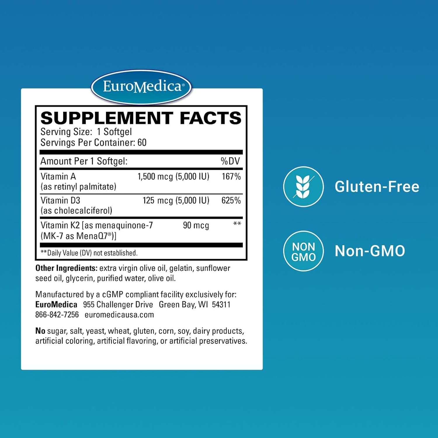 EuroMedica A•D•K2 Cardio Health – Suplemento Cardiovascular con Vitaminas A, D3 y K2 – 60 Cápsulas Blandas