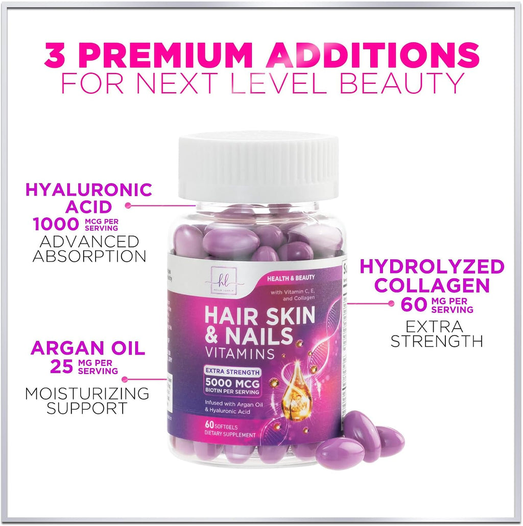 Vitaminas para el Cabello con Biotina, Colágeno y Ácido Hialurónico - Hello Lovely! - 60 Cápsulas Blandas