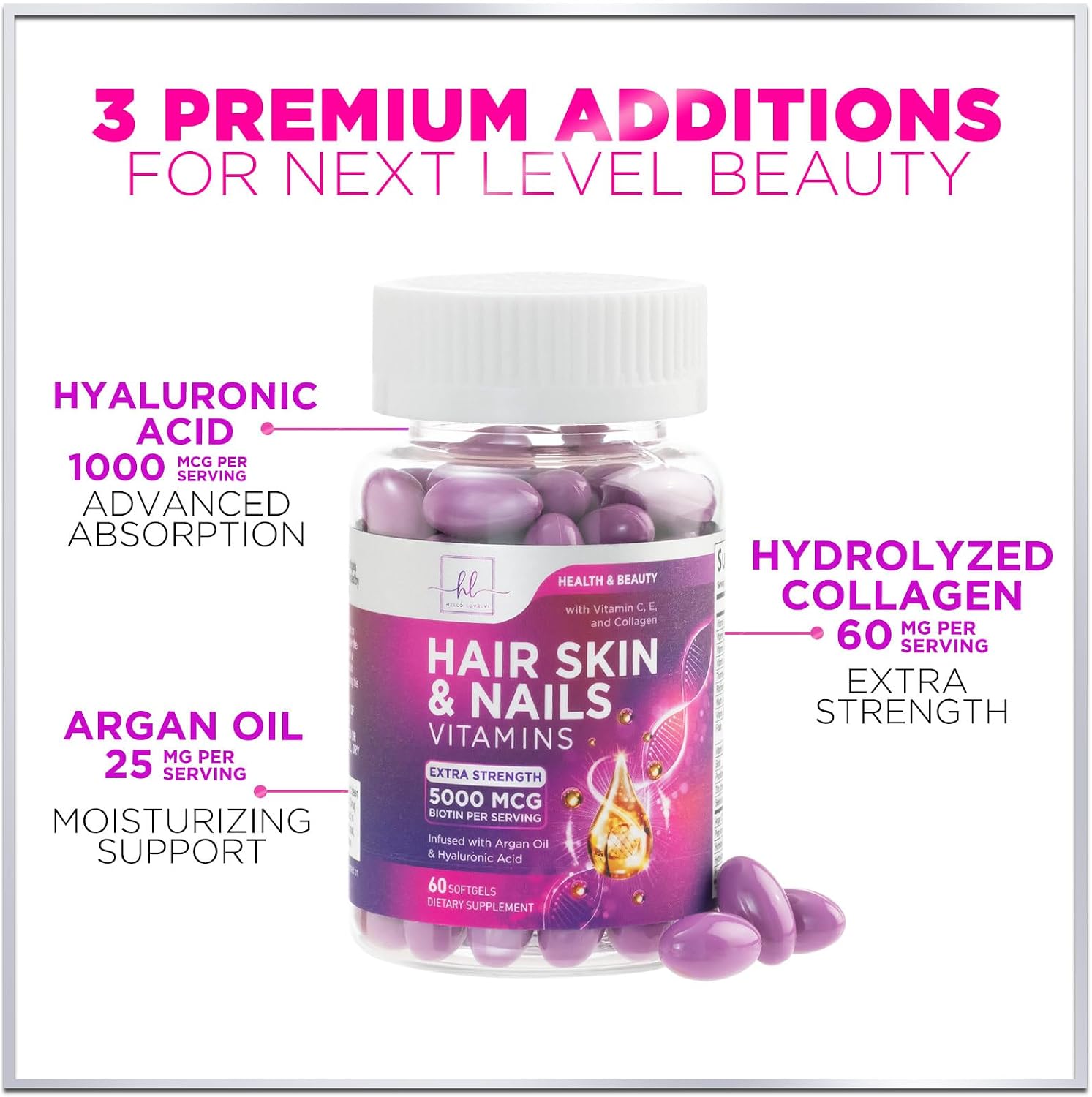 Vitaminas para el Cabello con Biotina, Colágeno y Ácido Hialurónico - Hello Lovely! - 60 Cápsulas Blandas