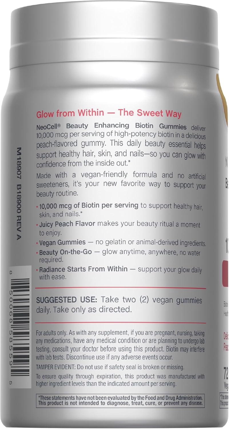 NeoCell Biotina 10000 mcg Gominolas para Cabello, Piel y Uñas, Sabor Melocotón (72 unidades)