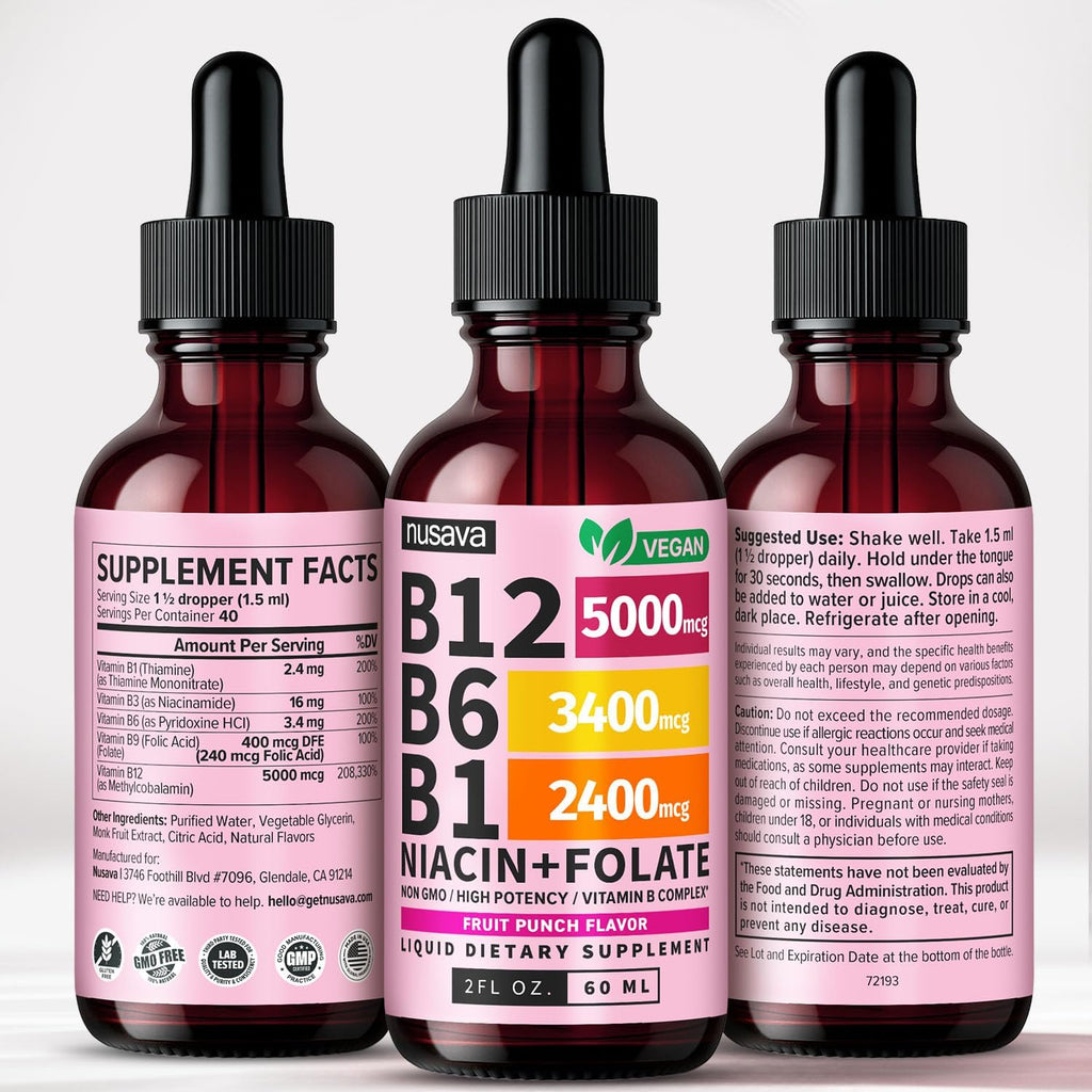 NUSAVA (Pack de 2) Gotas Líquidas de Vitamina B12 5000mcg - B12 Sublingual con B6 y Complejo B - Gotas de Metilcobalamina B12 para Mujeres y Hombres - Suplemento Vegano, No Transgénico, Sabor a Frutas (59 ml, 80 Porciones)