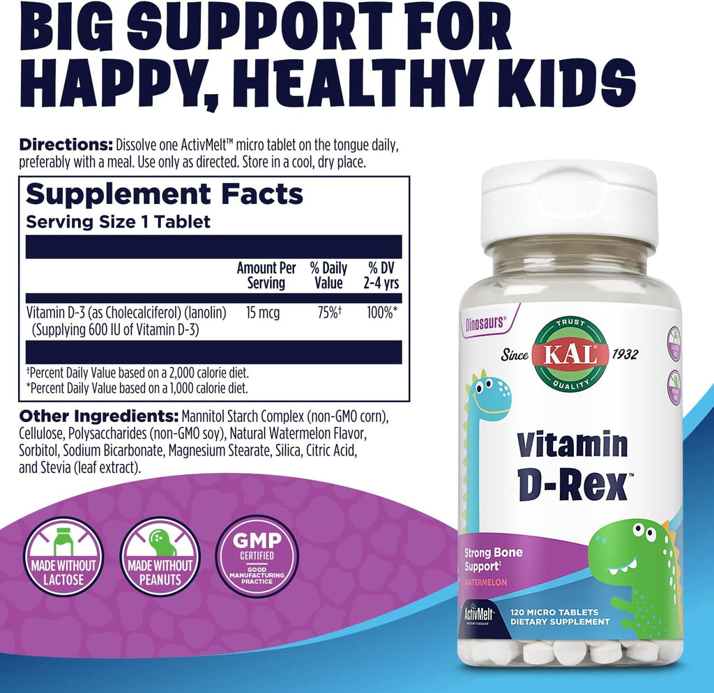 KAL Vitamin D-Rex, Vitamina D para Niños, Sabor Sandía Natural, 120 Micro Tabletas de Disolución Instantánea