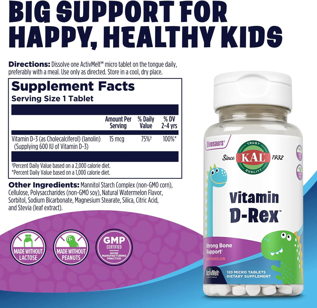 KAL Vitamin D-Rex, Vitamina D para Niños, Sabor Sandía Natural, 120 Micro Tabletas de Disolución Instantánea – Image 2