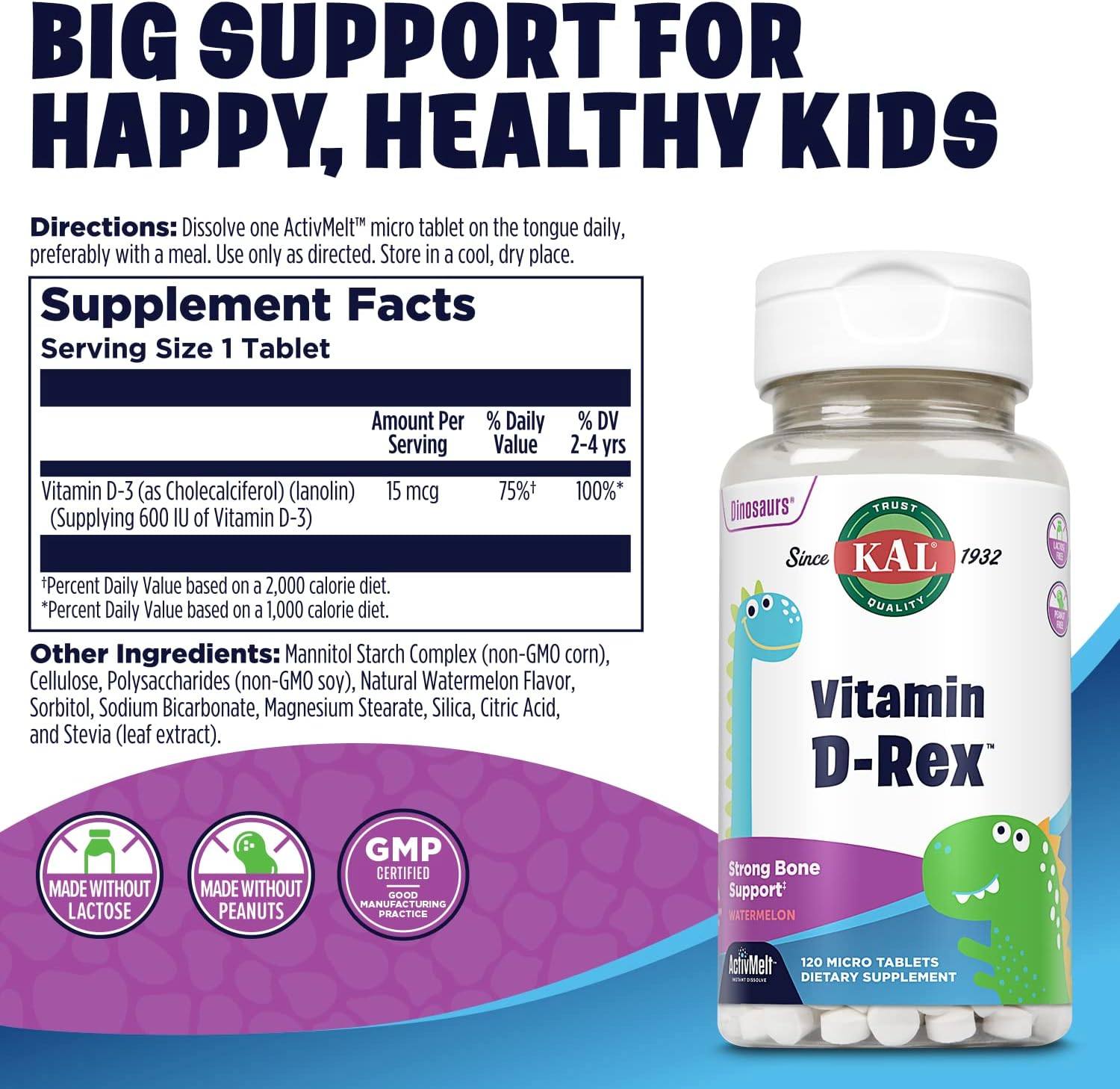 KAL Vitamin D-Rex, Vitamina D para Niños, Sabor Sandía Natural, 120 Micro Tabletas de Disolución Instantánea