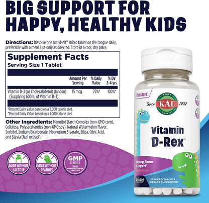 KAL Vitamin D-Rex, Vitamina D para Niños, Sabor Sandía Natural, 120 Micro Tabletas de Disolución Instantánea – Image 2