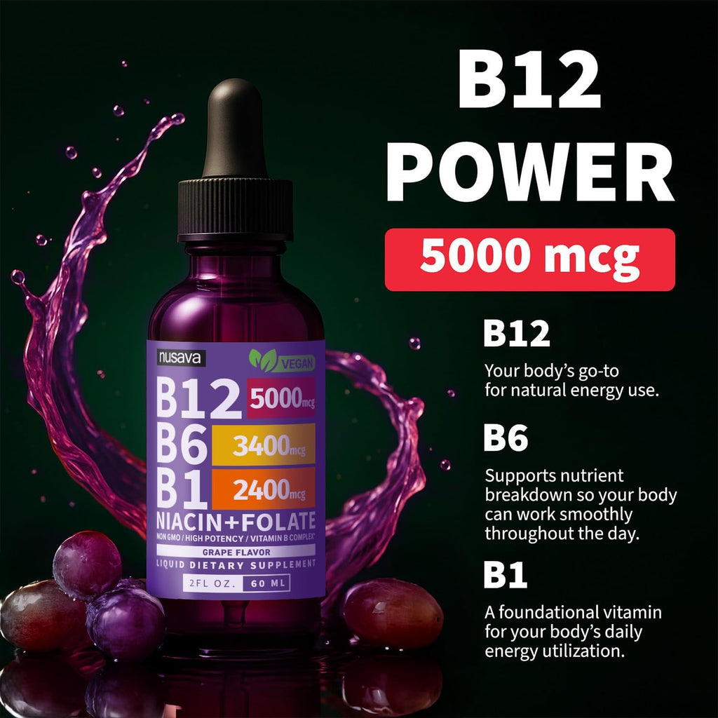 NUSAVA Pack de 2 Gotas de Vitamina B12 5000mcg - Sublingual con Complejo B - Metilcobalamina - Vegano, Sabor Uva