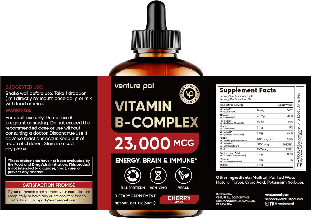 Venture Pal Complejo B en Gotas Líquidas con Metilcobalamina, Folato, Vitaminas B1-B7, Vitamina C, Colina e Inositol
