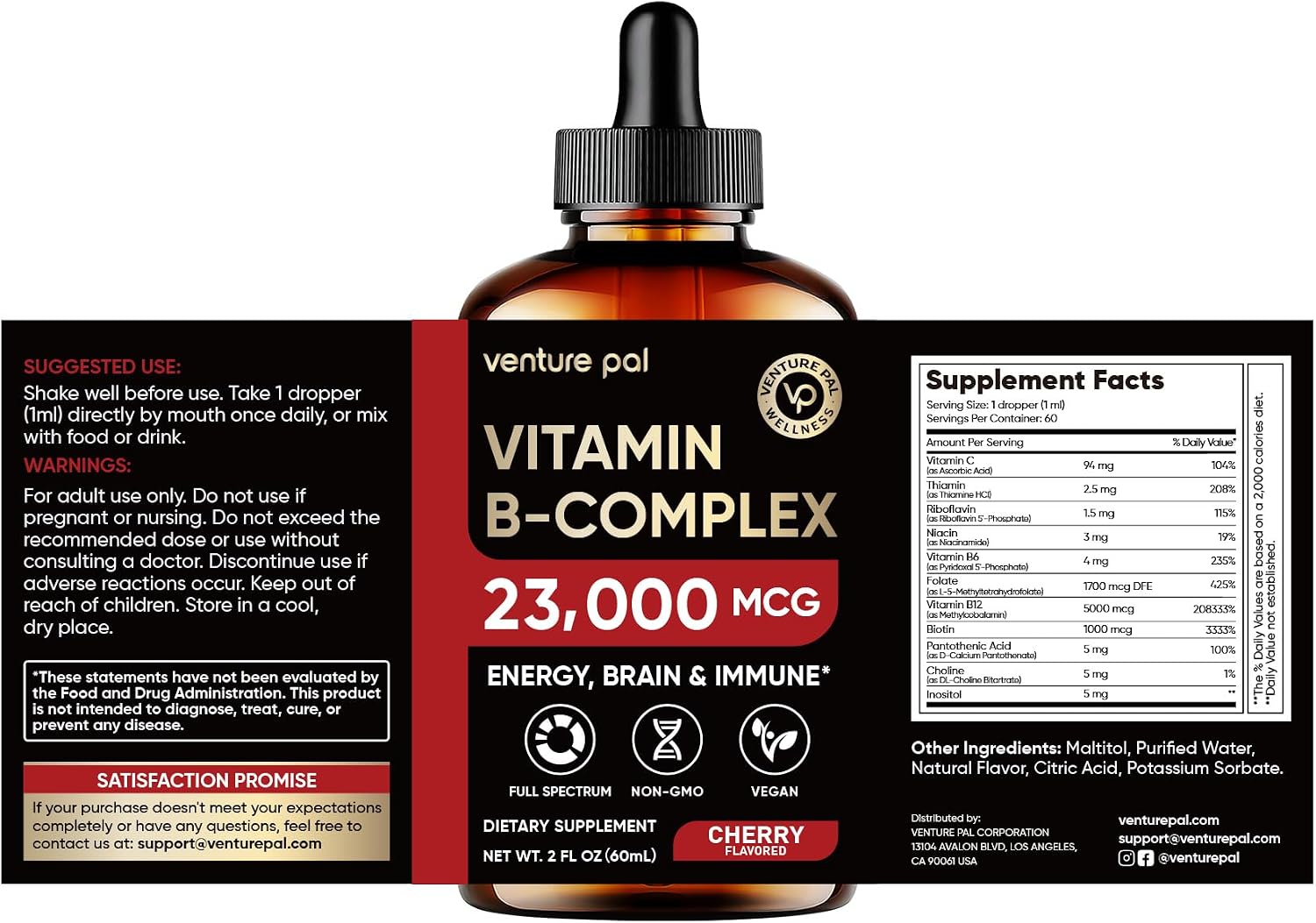 Venture Pal Complejo B en Gotas Líquidas con Metilcobalamina, Folato, Vitaminas B1-B7, Vitamina C, Colina e Inositol