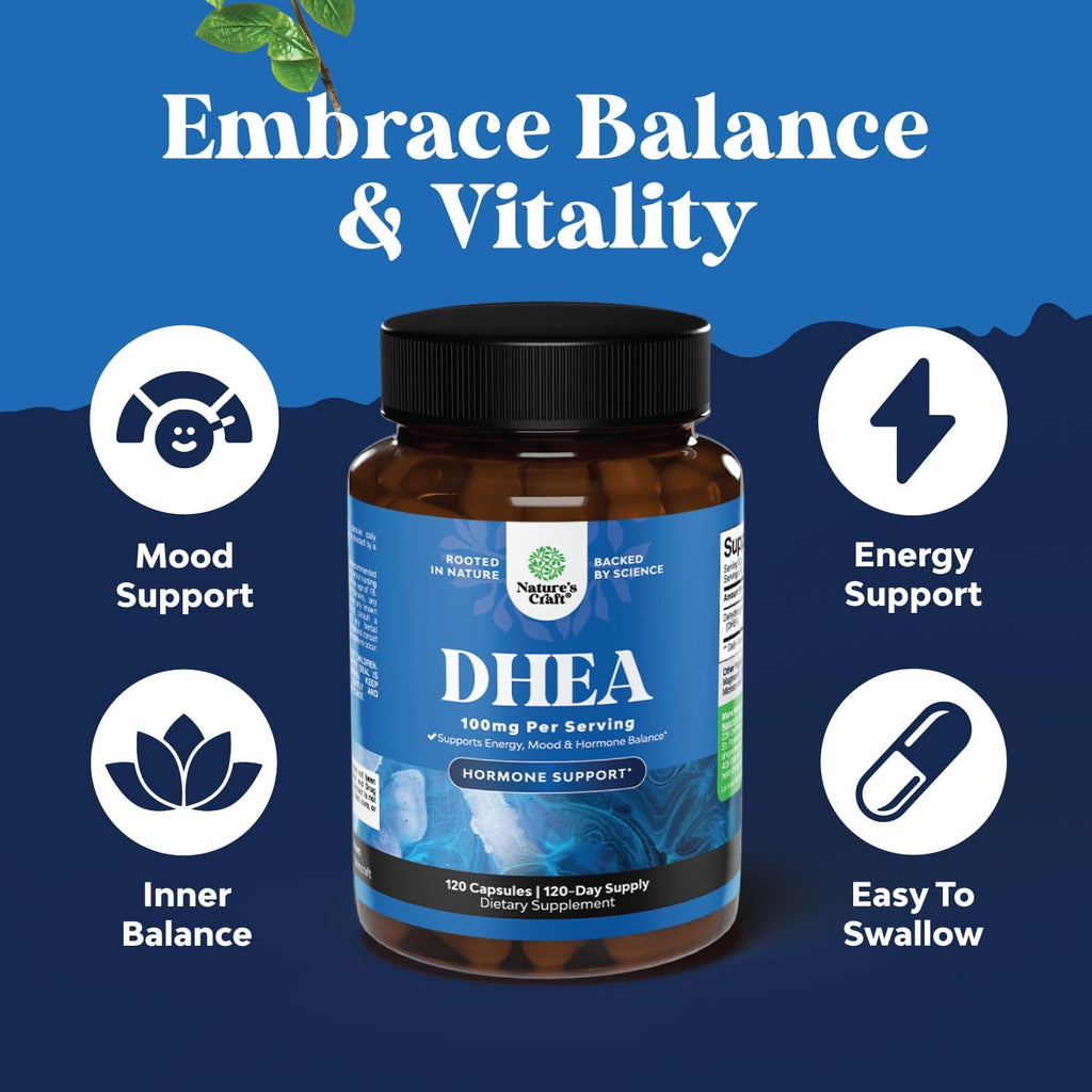 Natures Craft DHEA 100mg por Cápsula - Suplemento Vegano para Hombres y Mujeres - 120 Cápsulas