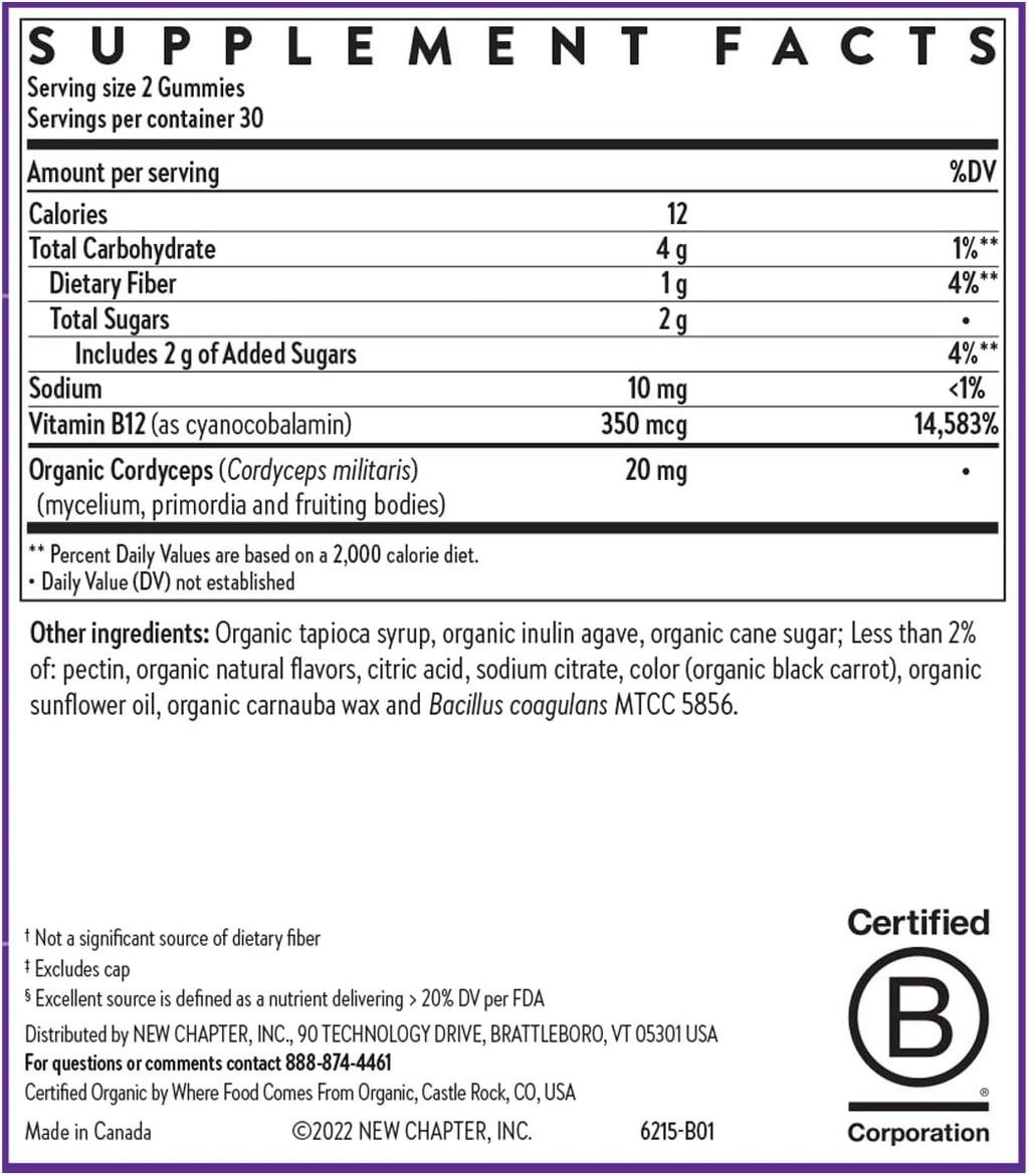 New Chapter® Gominolas Orgánicas de Vitamina B12+ – 47% Menos Azúcar, USDA Orgánico, Vegano, Sabor Frambuesa, 60 unidades