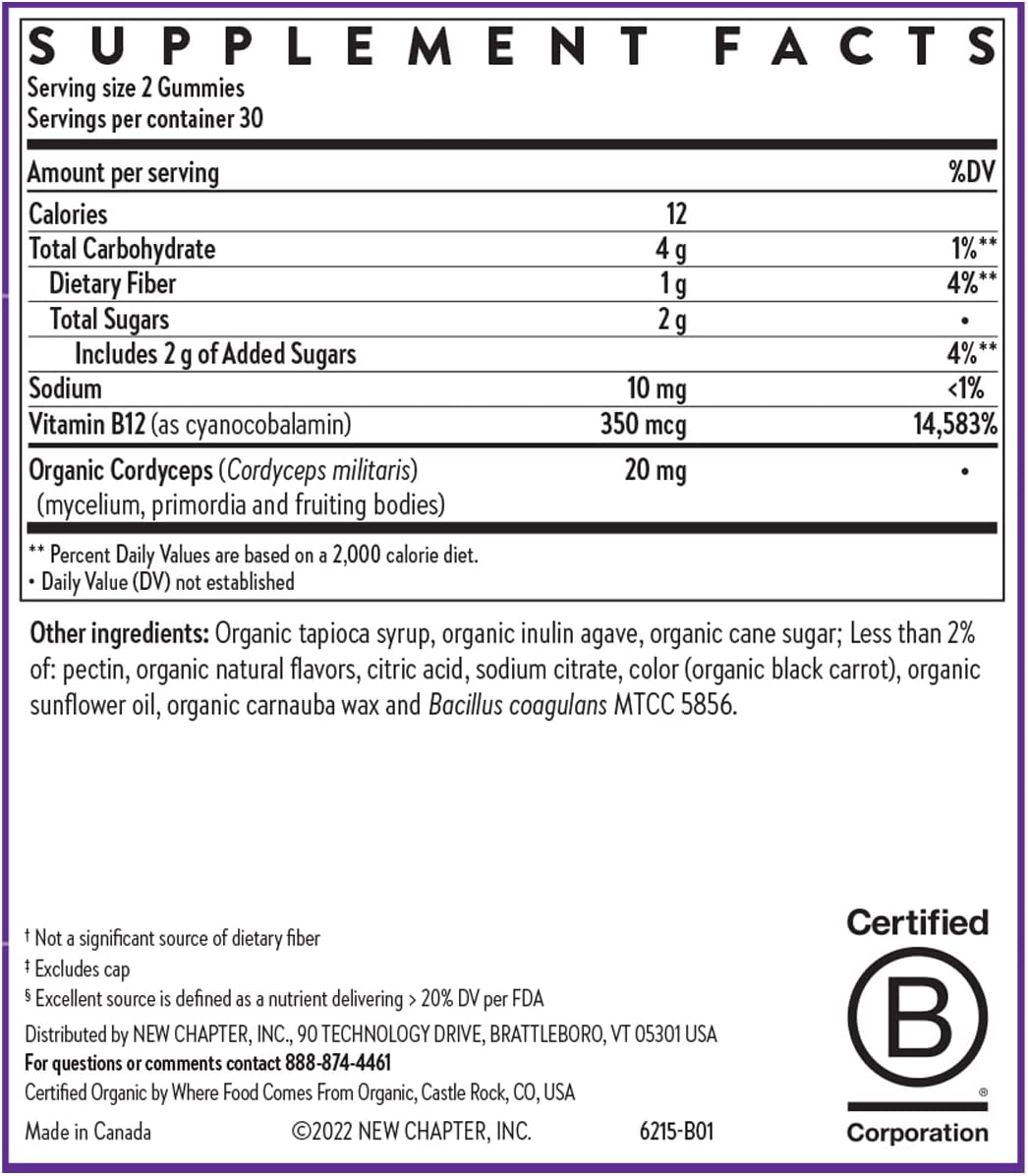 New Chapter® Gominolas Orgánicas de Vitamina B12+ – 47% Menos Azúcar, USDA Orgánico, Vegano, Sabor Frambuesa, 60 unidades