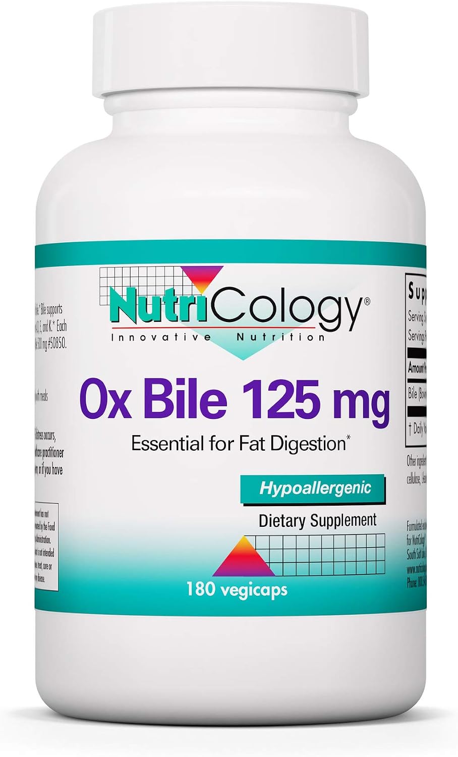 Nutricology Ox Bile 125 mg - Sales Biliares Concentradas - 180 Cápsulas