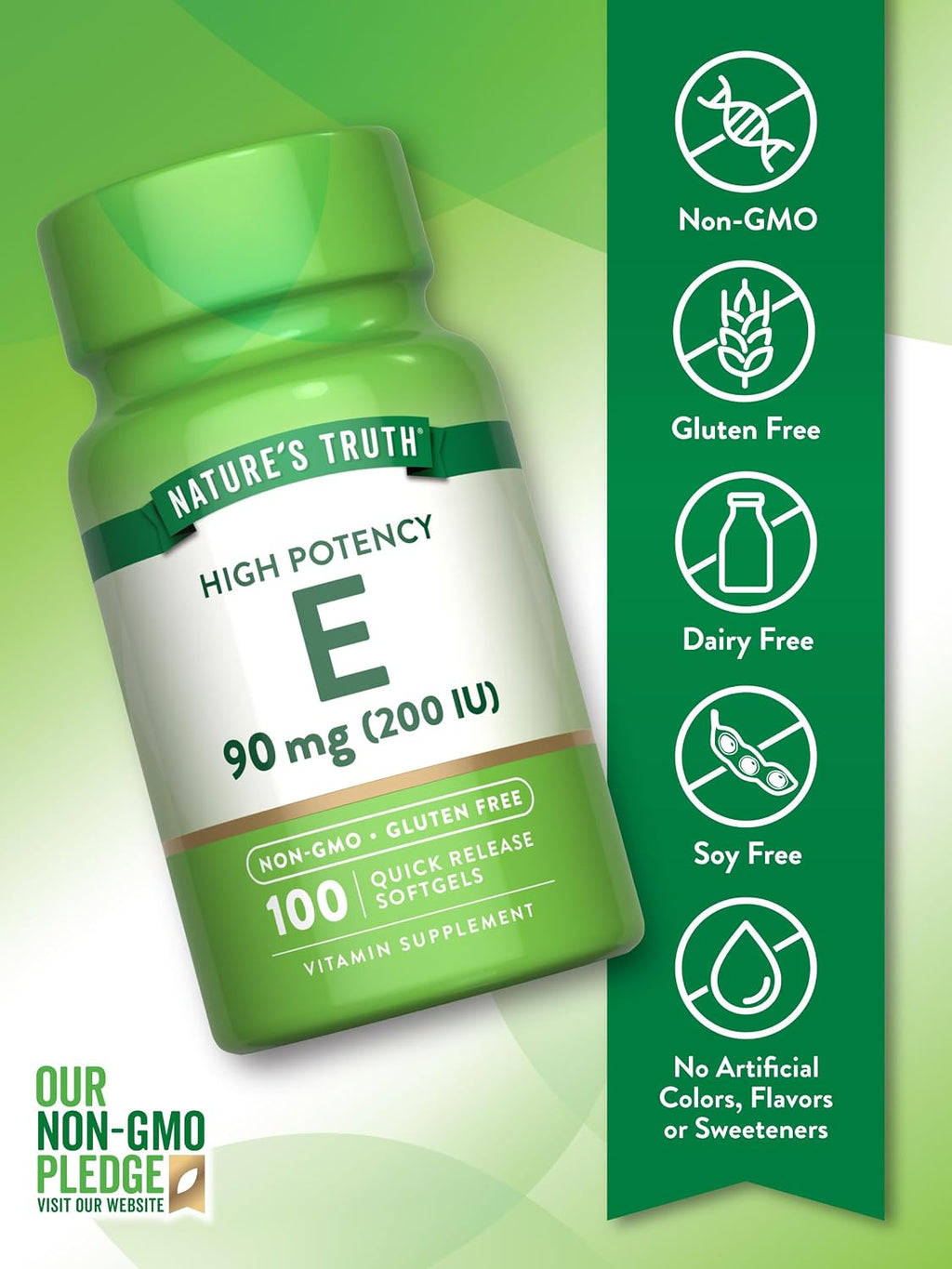 Nature's Truth Vitamina E 200 UI, 100 Cápsulas Blandas - Sin Gluten y No Transgénico