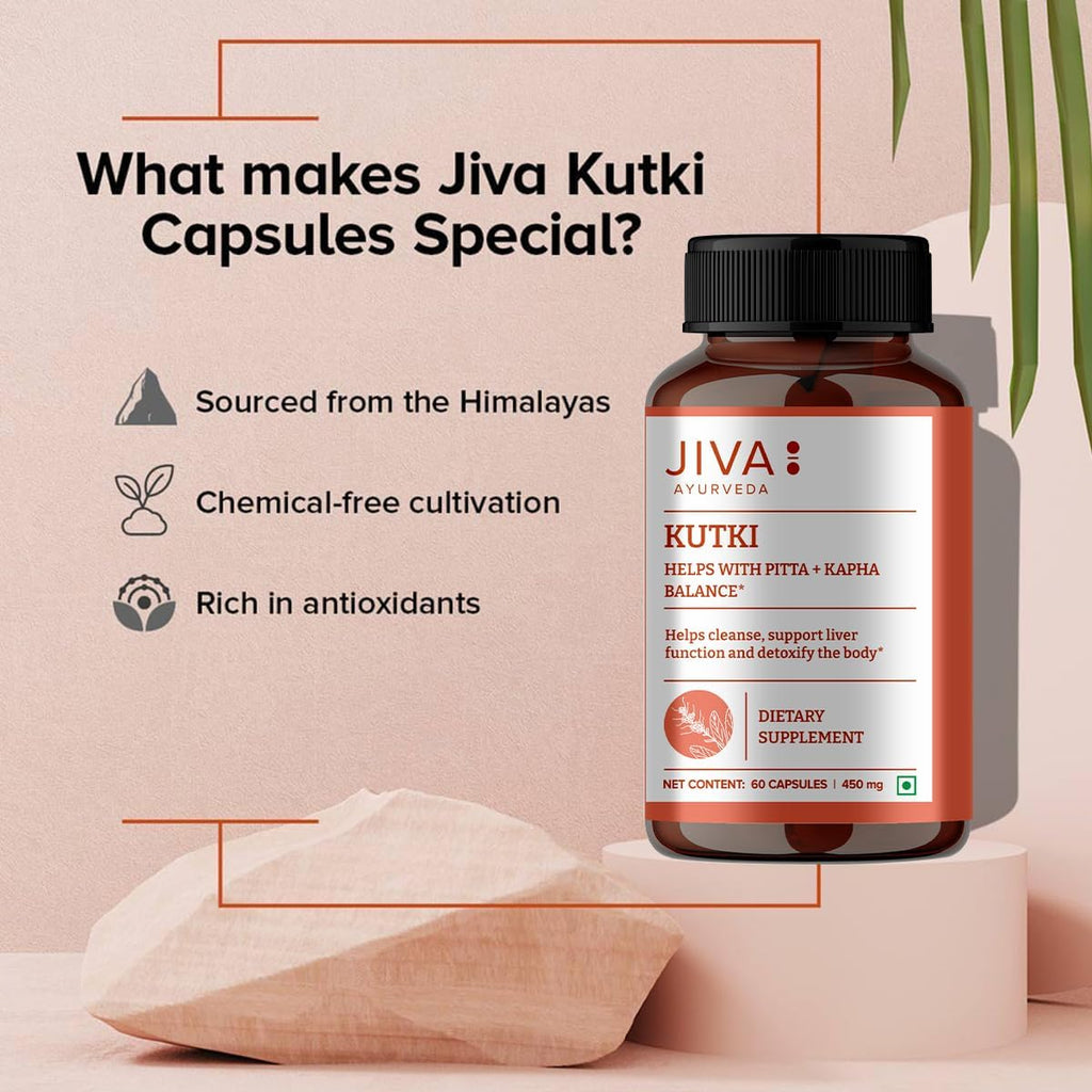 Jiva Ayurveda Kutki Cápsulas – Suplemento Herbal Ayurvédico para el Hígado y la Digestión – Fórmula 100% Ayurvédica – 60 Cápsulas Vegetales