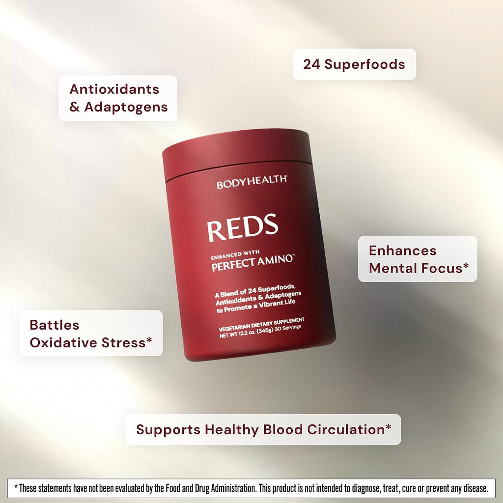 BodyHealth Reds Enhanced with PerfectAmino - Polvo de superalimentos diario con antioxidantes, adaptógenos, fitonutrientes, frutas, prebióticos, probióticos, fibra y proteína - 30 porciones